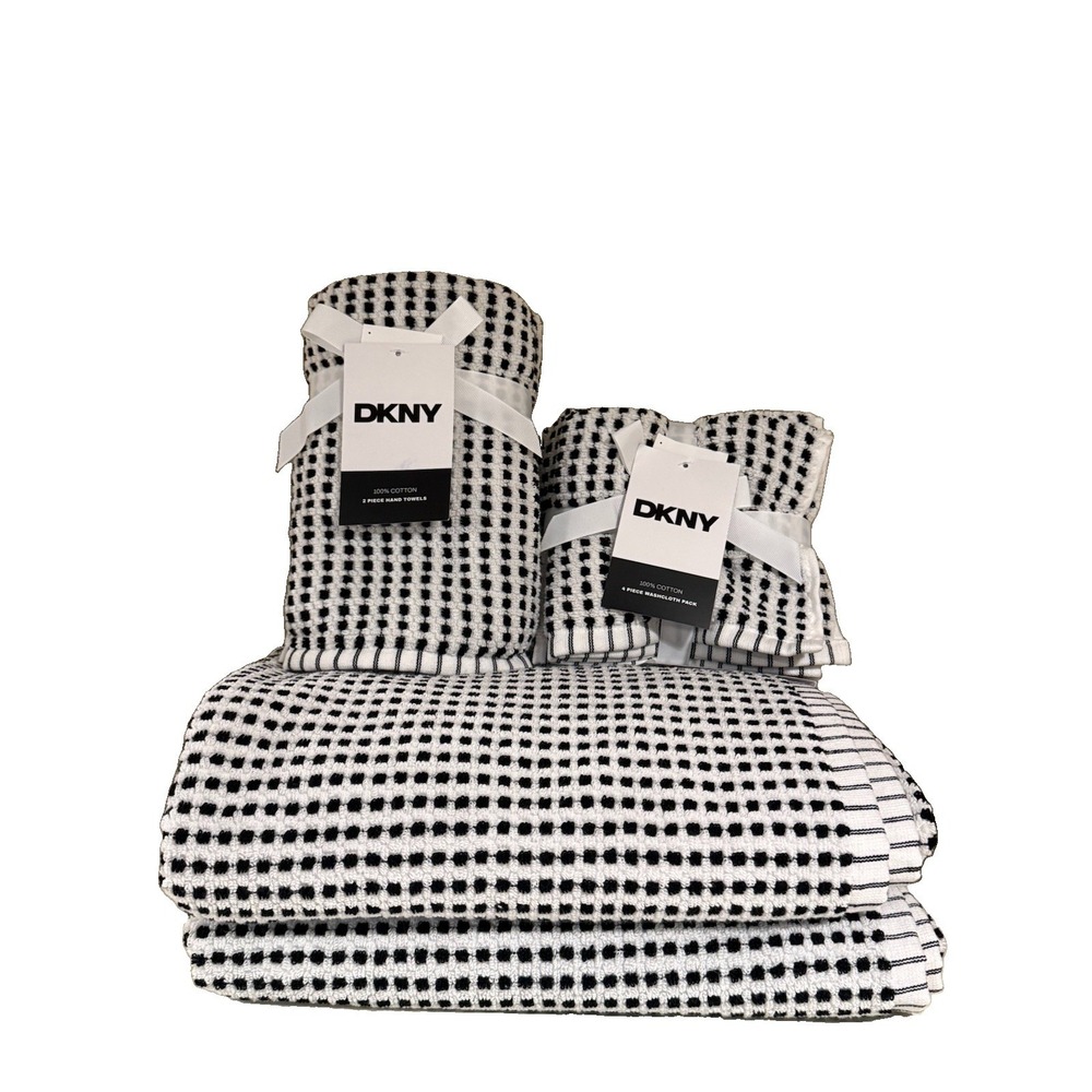 DKNY 8 Pc Towel SET Black & White Checkered Cotton Checked 2 Bath 2 Hand 4 Wash